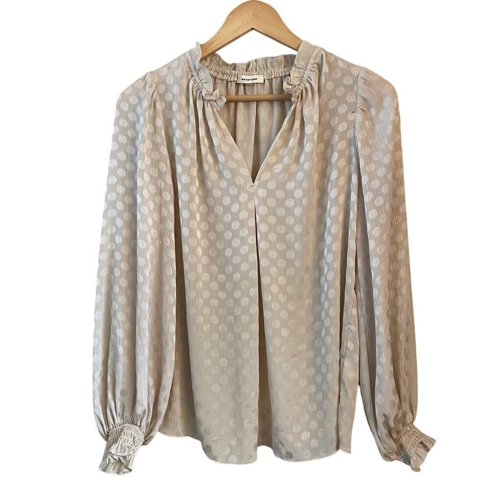 Max Studio Polka Dot Long Sleeve‎ Top with Smocked Cuffs Size XS